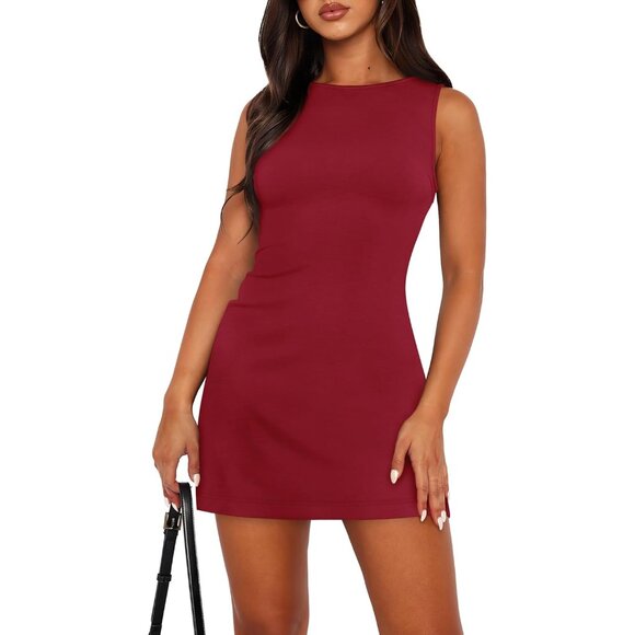 Womens Summer Sleeveless Boat Neck Mini L Red Dress Slim Party Bodycon Dress - Picture 3 of 6